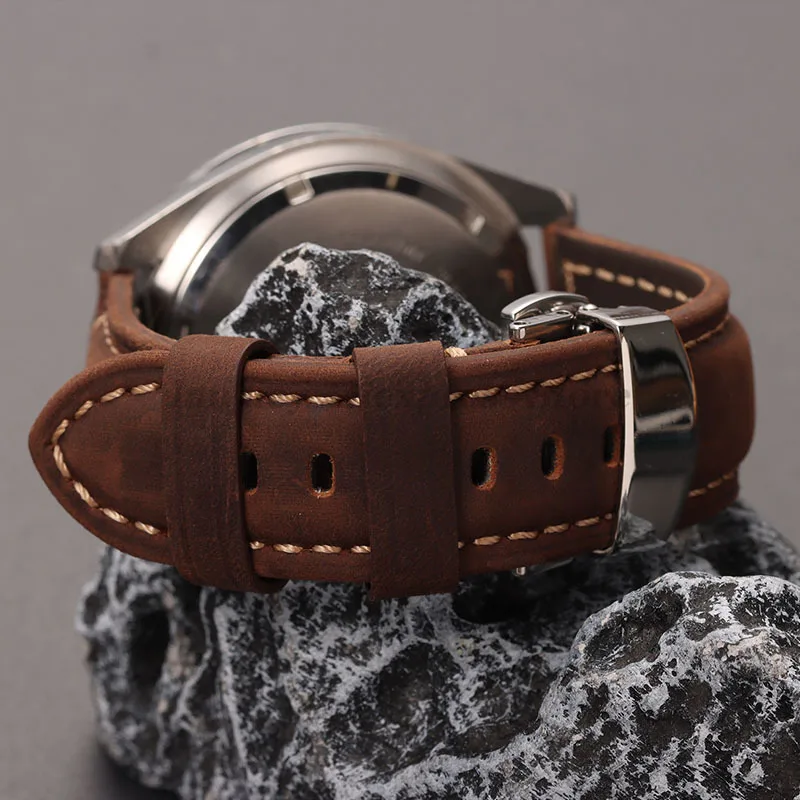 Vintage Crazy Horse Leather Watch Strap with Butterfly Buckle