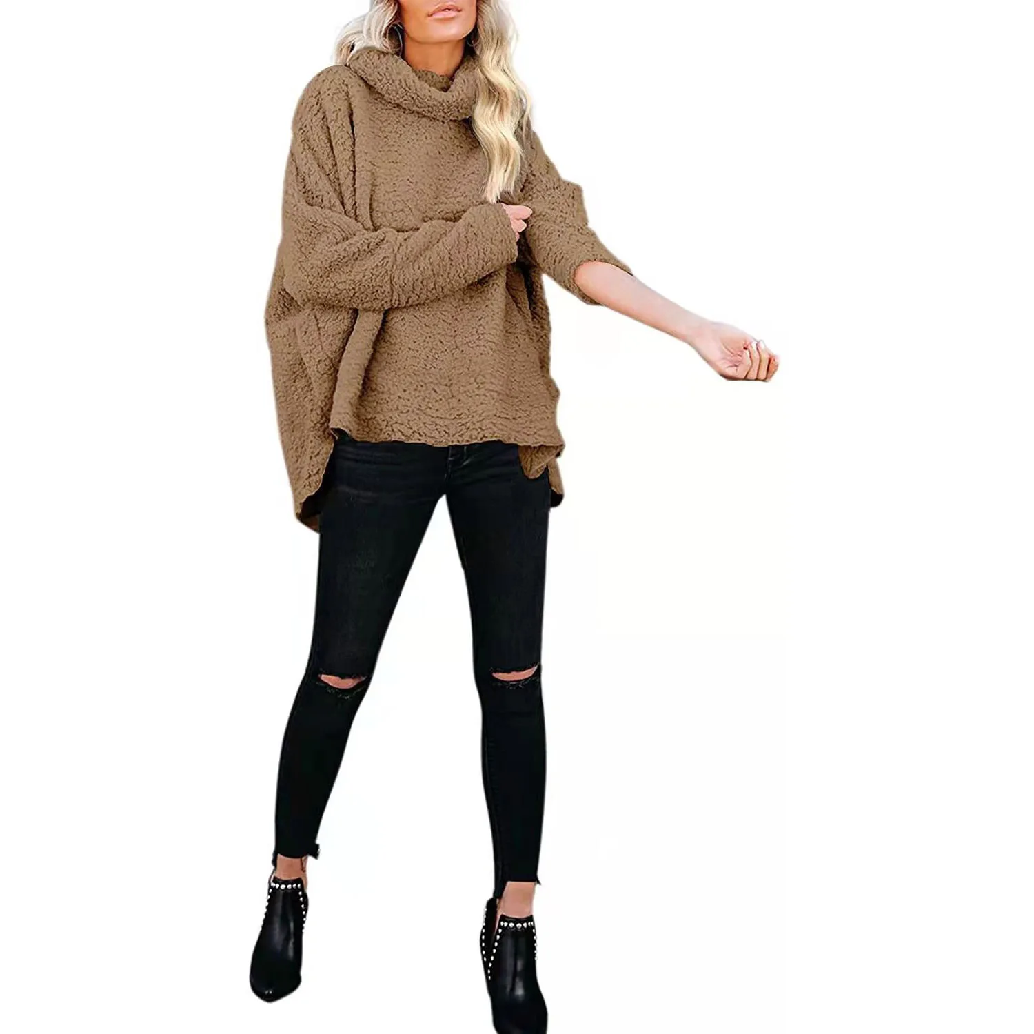 2023 Women's New High-neck Warm Woolen Fleece Autumn and Winter Loose Fleece Long-sleeved Jacket Jacket Women's Fashion Casual
