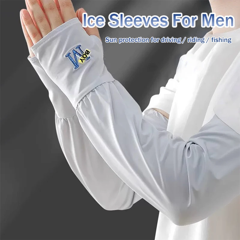 Men Sun Protection Sleeves Summer UV Protection Embroidered Loose Fingerless Arm Sleeves for Outdoor Driving Riding Fishing