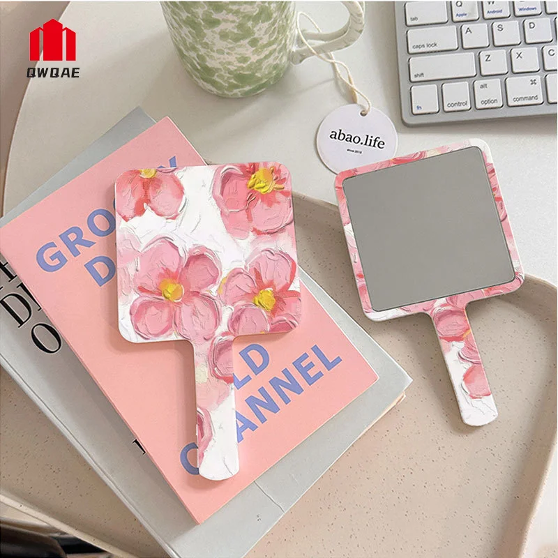 Small Portable Makeup Mirror Handle Mini Square Flower Pocket Vanity Mirrors Women Girl Cosmetic Tools