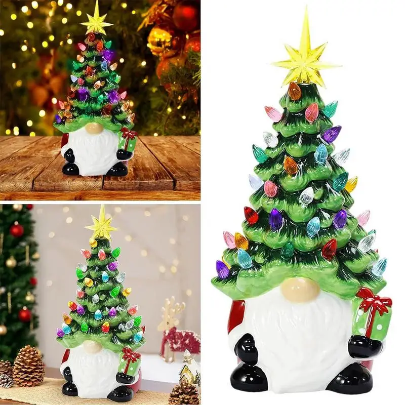 

Lighted Christmas Gnome Faceless Old Man Doll Ornaments with Luminous Lights Low Ceramic Christmas Tree with 30 Colored Lights