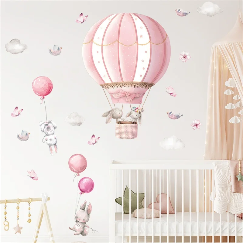 Cartoon Cute Rabbit Hot Air Balloon Clouds Large Wall Stickers for Kids Room Living Room Nursery Decoration Children Wall Decals wall stickers,wall sticker