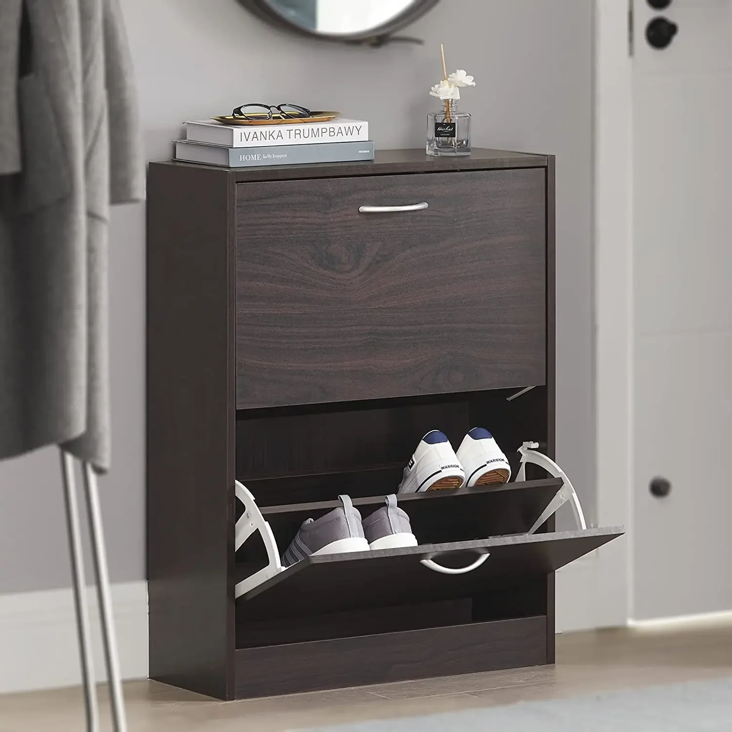 

Brown 2 Flip-Drawers Freestanding Rotating Shoe Rack Shoe Storage Cabinet