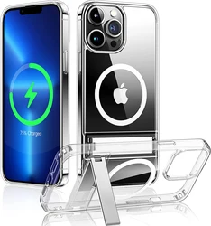 Magnetic Clear Phone Case with Kickstand - Shockproof Mobile Back Cover - iPhone 14 Pro Max (Transparent)