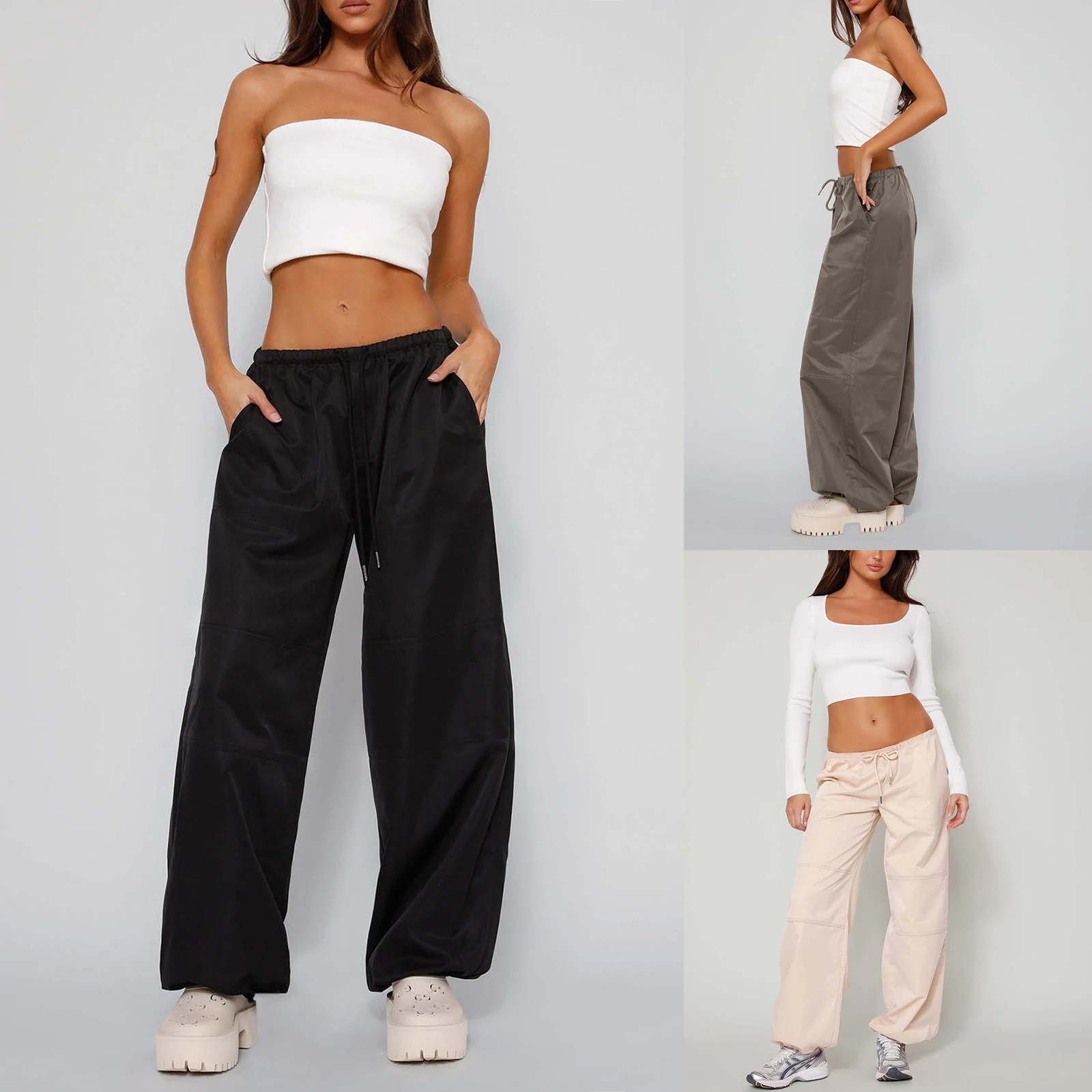 

Harajuku Women Loose Cargo Pants Solid Color Vintage Casual Elastic Drawstring Joggers Trousers for Streetwear 2022