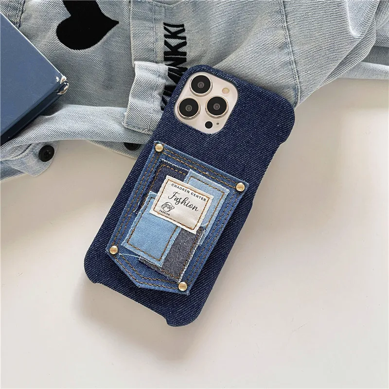 

For iPhone 14Promax 2023 New Ins Net Red Denim Pocket Plug-in Mobile Phone Hard Case 14Pro 13Promax 12 11