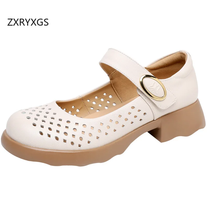 

ZXRYXGS Top Cowhide Round Toe Shallow Cut Hollow Breathable Leather Shoes Woman Low Heel Sandals 2024 Spring Summer Ladies Shoes