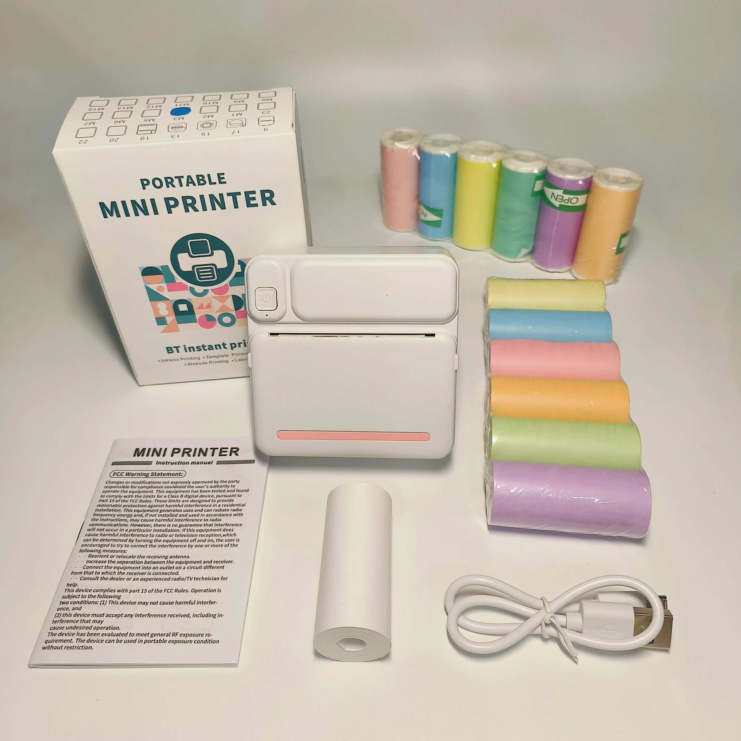 아이폰 및 안드로이드용 휴대용 무선 열전사 프린터 - 6색 용지 롤 및 6개 스티커 롤 포함, USB 충전식