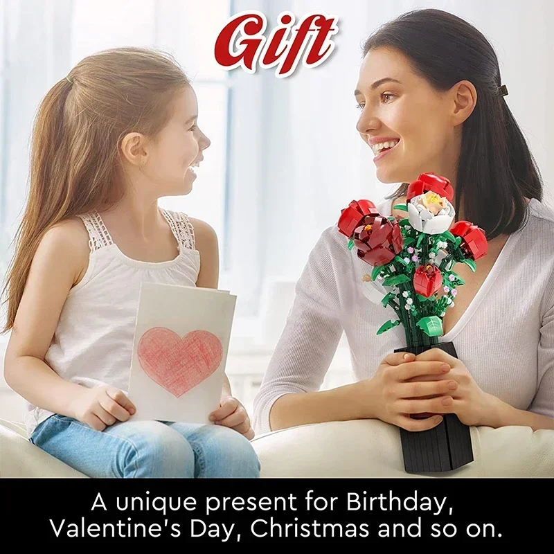 818PCS Flower Bouquet Building Block Red Rose White Rose Vase Bricks Toy Set Valentine's Day Christmas Gifts Creative Decoration 5