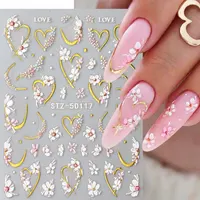 5D Embossed Kawaii Floral Gold Line Sliders Spring White Flowers Nail Stickers DIY Simple Petals Wedding Nails Decals Accesories 2