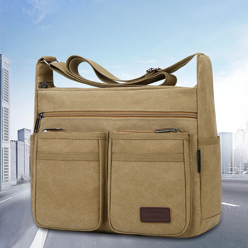 Neutral business casual crossbody bag - adjustable shoulder straps, multiple zippered compartments, durable black polyester lini