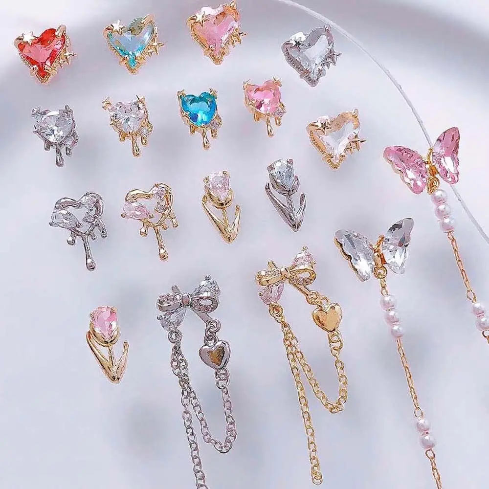 

1Pc Heart 3D Nail Drill Cubic Zircon Nail Decoration DIY Butterfly Chain Tulip Flower Nail Rhinestone Nail Art Accessories