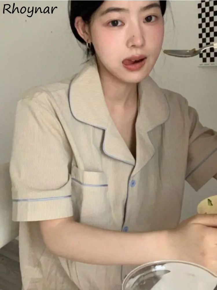 

Пижамный комплект женский с коротким рукавом, тонкая нежная свободная Пижама с карманами в Корейском стиле, простая модная шикарная одежда для сна в стиле Ins для студентов, на лето