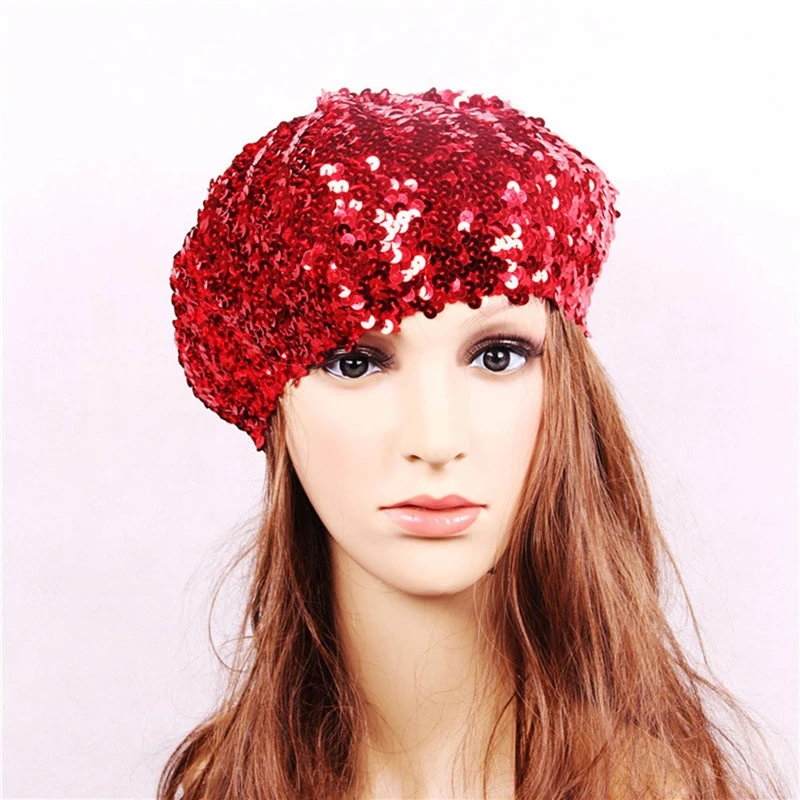 Hot Sale Women Sequins Hat Metallic Shining Costume Jazz Glitter Dance French Beret Round Cap Ladies Fashion Accessories Beanie_voghion.com