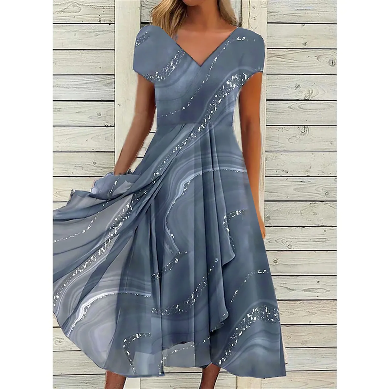 

New Elegant Party Dress Female V Neck Short Sleeve Prom Dresses For Women Fashion Print A-Line Dress Boho Sexy Swing Midi Dress