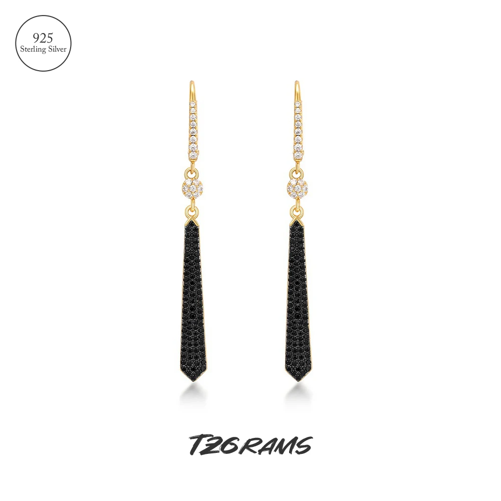 

TZgrams 925 Sterling Silver Gold Plated Geometry Tassel Drop Earrings Black Zircon Unique Design Long Earrings Fashion Jewelry