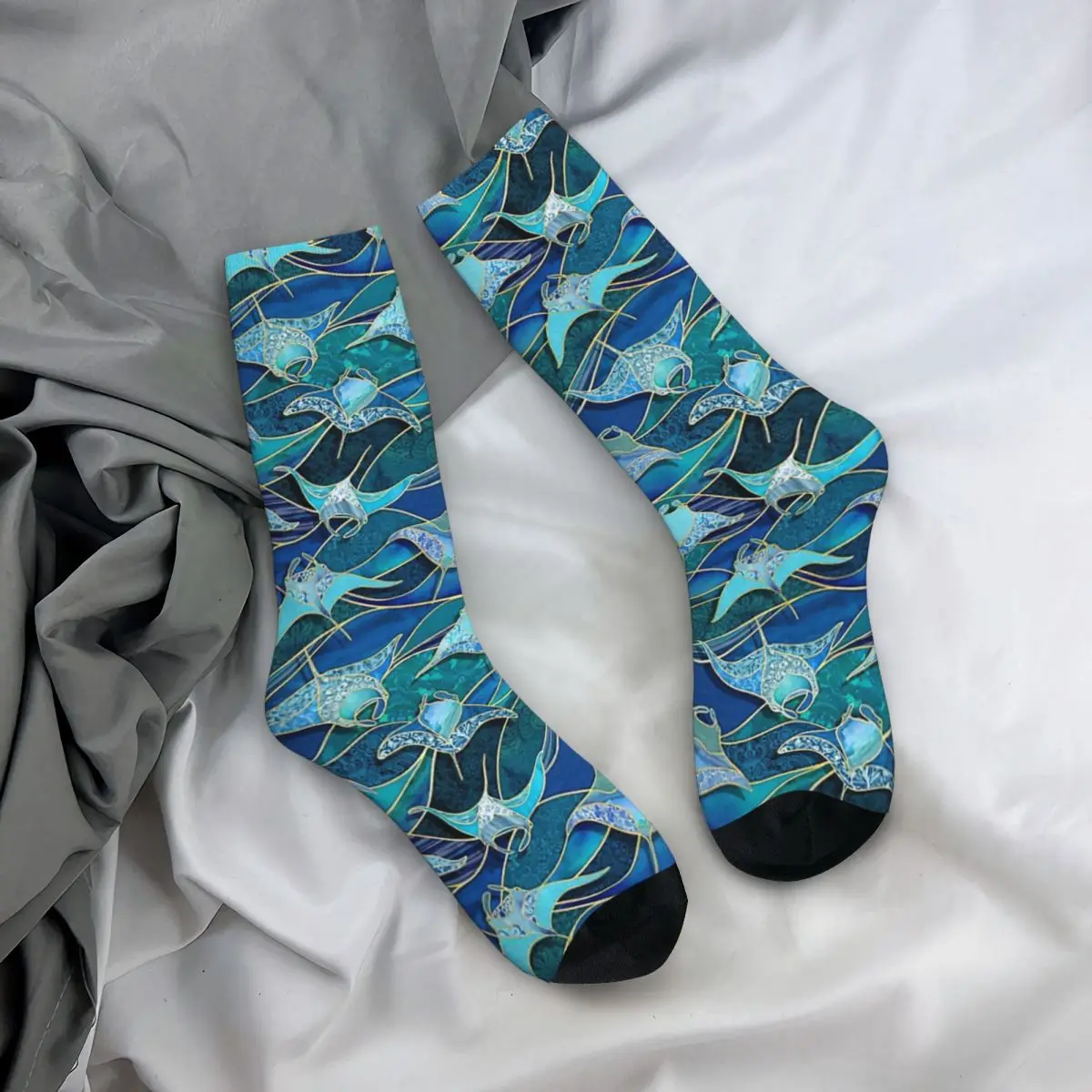 Hot Sale Patchwork Manta Rays In Sapphire And Turquoise Blue Adult Socks,Unisex socks,men Socks women Socks