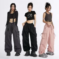 American High Street Drawstring Workwear Casual Pants Trendy High Waist Straight Leg Trousers Loose Versatile Wide Leg Long Trou