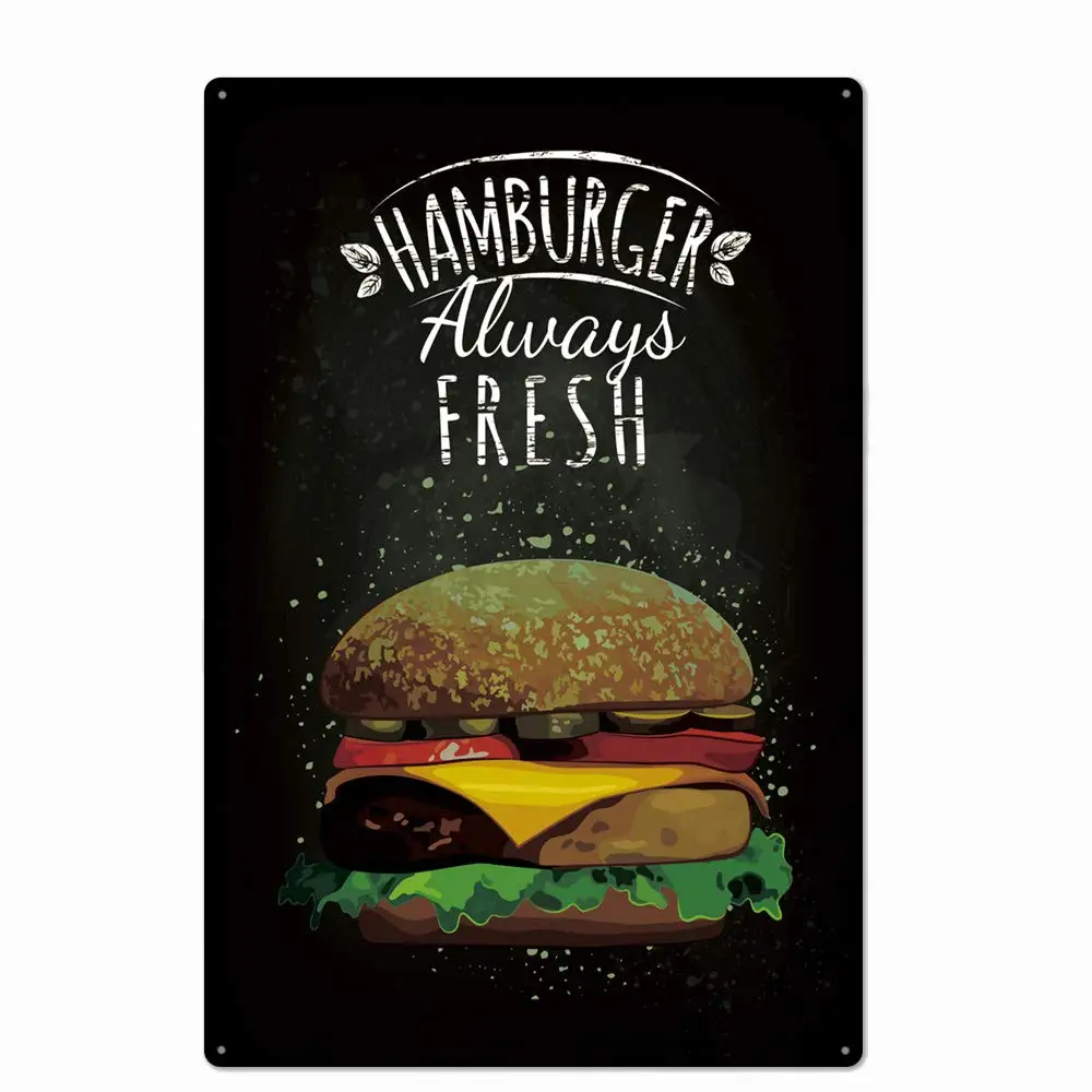 

Retro Design Alawys Fresh Hamburger Tin Metal Signs Wall Art | Thick Tinplate Print Poster Wall Decoration for Kitchen/Restaura