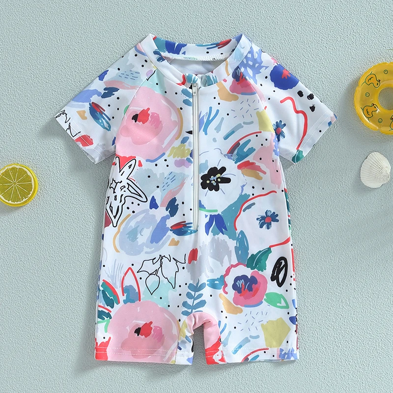 

0-3t Baby Girls Boys Short Sleeve Swimsuit Jumpsuit Shorts Watercolor Print Zipper Short Sleeve Sun Protection Swimsuit