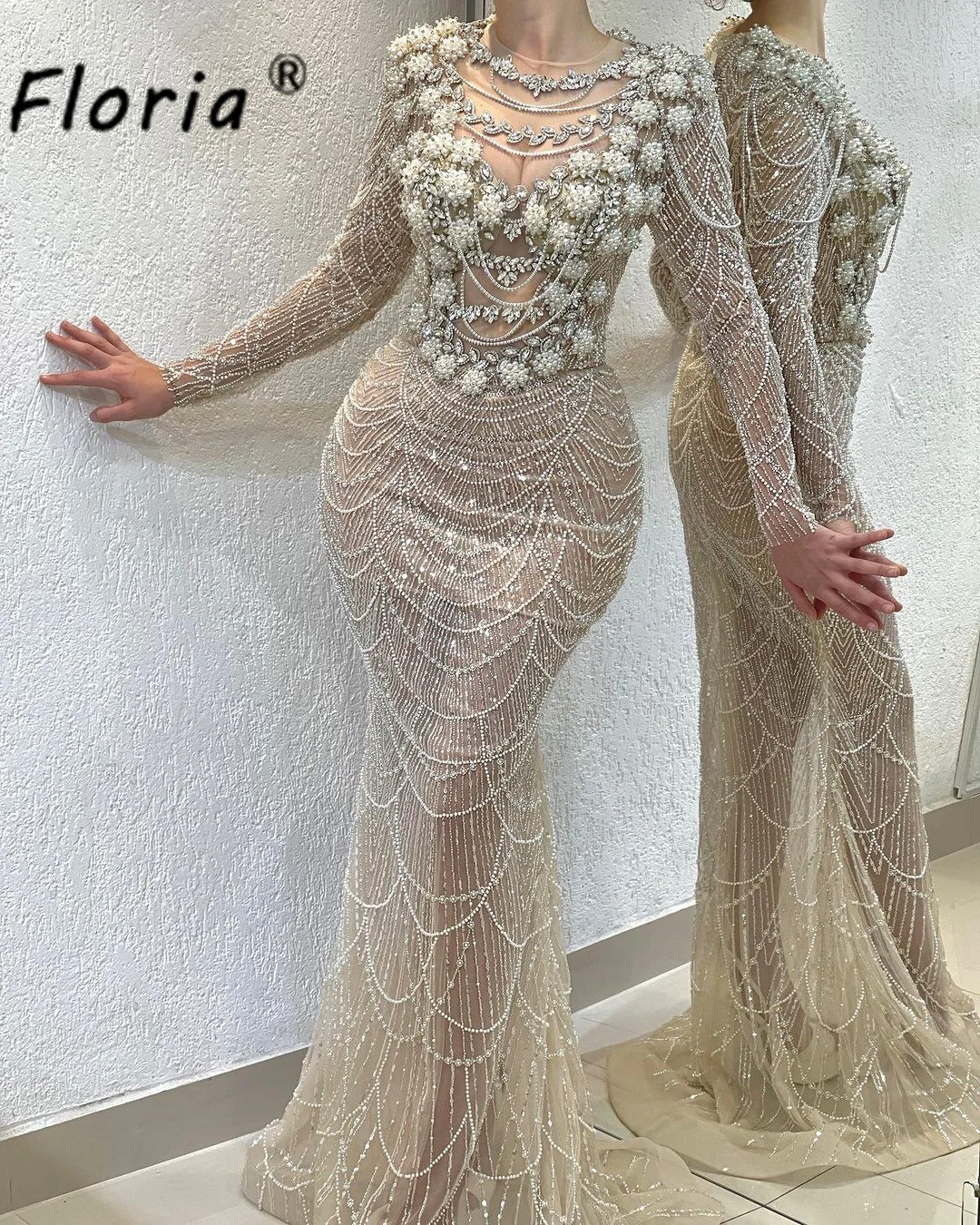 

Luxurious Sparkle Beaded Crystal Evening Dress Flower 3D Pearls Appliques Formal Party Wedding Dress Champagne Vestidos de noiva