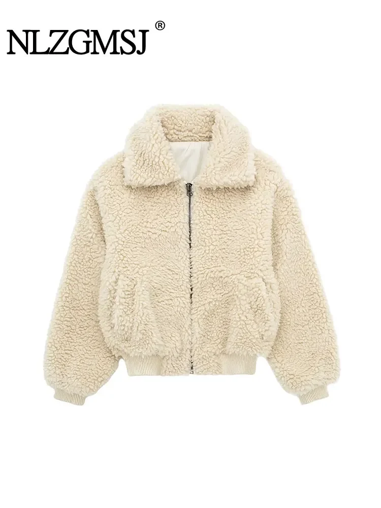 

Nlzgmsj TRAF 2024 Woman Artificial Fur Short Jacket Coats Zipper Vintage Long Sleeve Autumn Winter Causal Loose Warm Tops