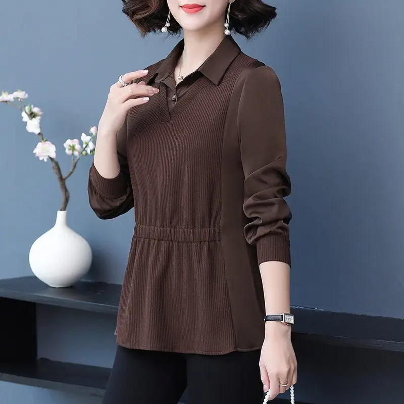 

Knitting Stitching Fake Two Shirt Female Spring Autumn 2023 New Fashion Solid Slim All-match Long Sleeve Loose Shirt Women Tops