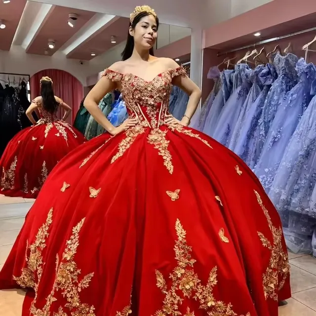 BOMARIS Red Ball Gown Quinceanera Dresses Princess Vestidos De 15 Anos Sexy Off Shoulder Gold Lace XV Birthday Party Customized 1