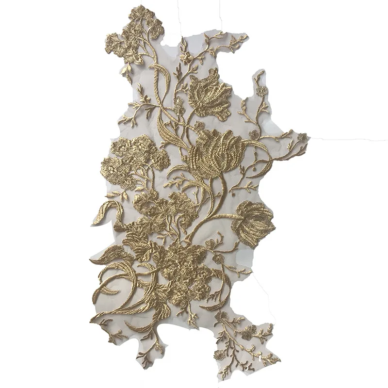 Elegant Gold Embroidery Lace Fabric Applique for DIY Fashion and Decoration