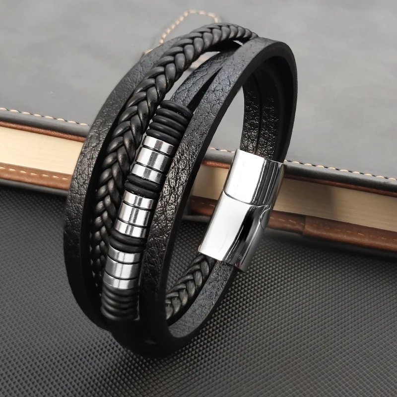 Leder armband Männer Schmuck Edelstahl Magnets chnalle mehr schicht ige geflochtene Seil Perlen Armband Mode Charme Schmuck