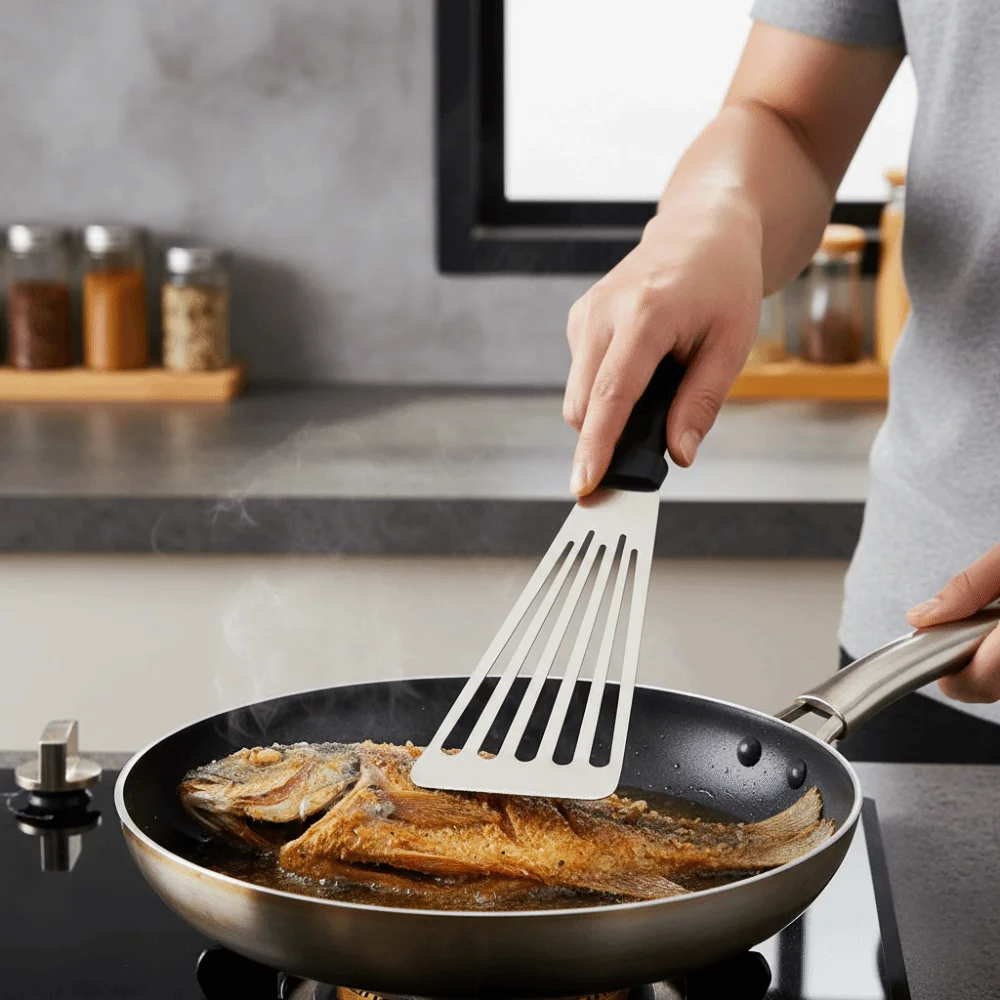 Stainless Steel Fish Frying Spatula Rust Proof Non Stick Frying Turner Household Slanted Edge Design Fried Egg Turner Pancake
