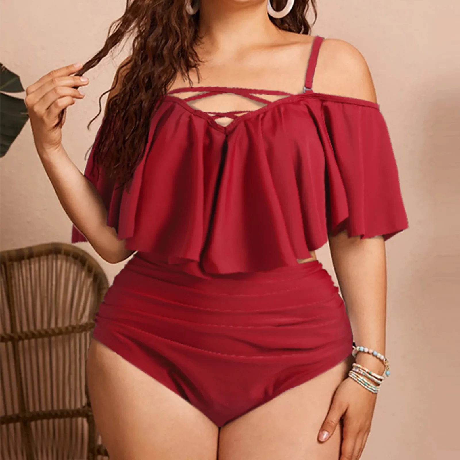 Swimwear Women Plus Size Bikinis Set Solid Color Two Piece Swimsuit