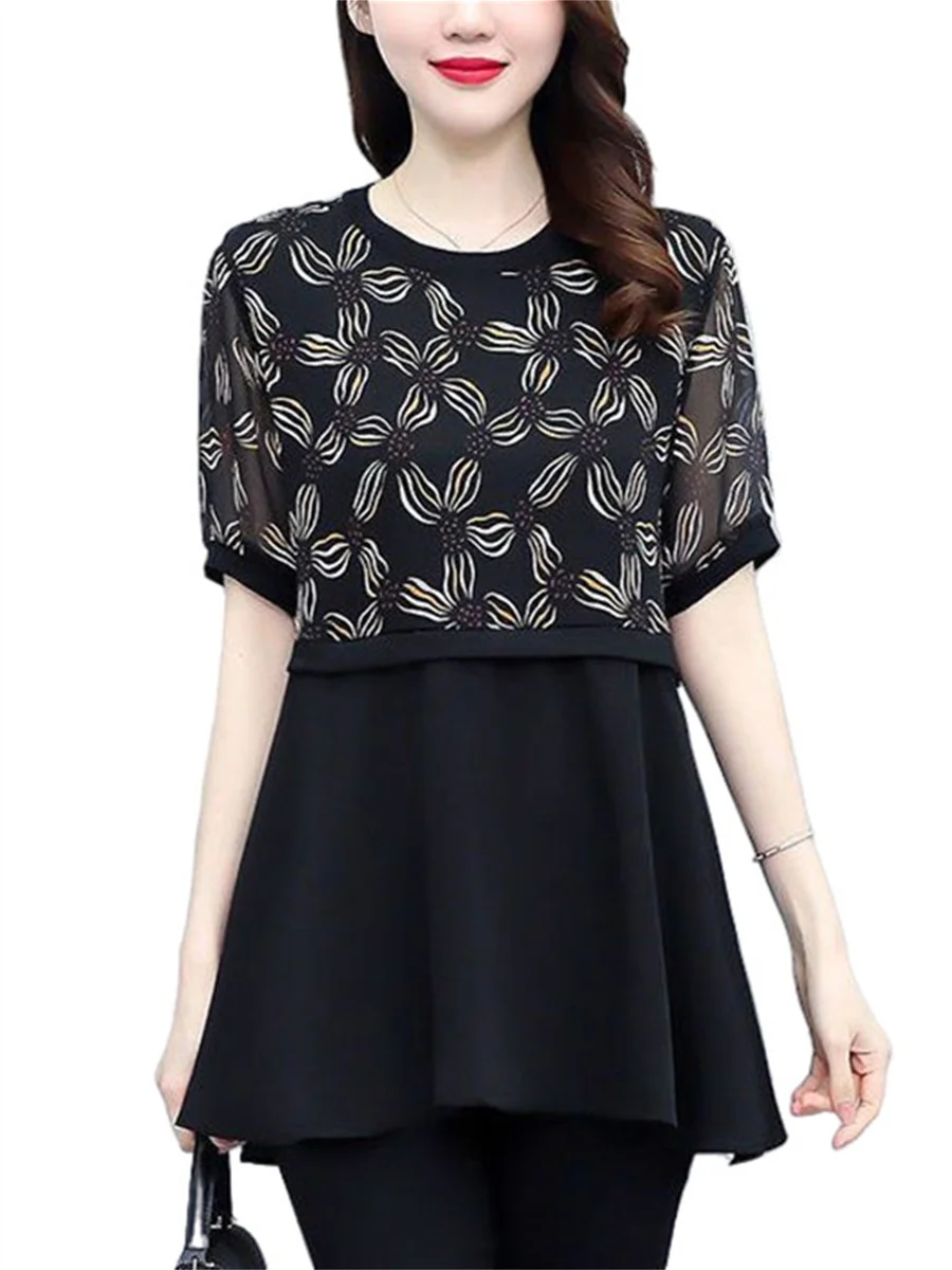 

5XL Women Spring Summer Blouses Shirts Lady Fashion Casual Short Sleeve O-Neck Collar Flower Printing Blusas Tops MM2012