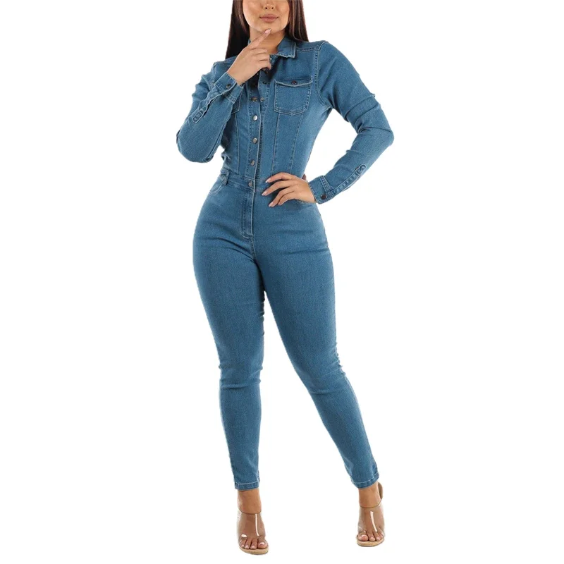 Sexy Stretchy Long Sleeve Bodycon Jeans Jumpsuit Denim Playsuit Skinny Full Length Long Jumpsuits for Women 2023 Monos Largos