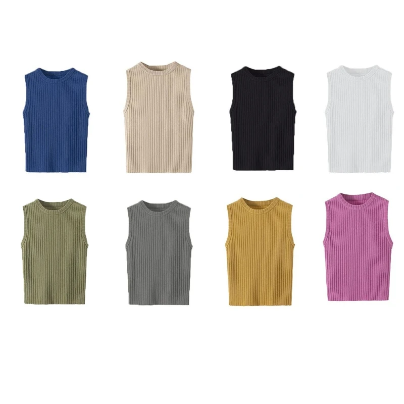 

MXMB Women Ribbed Knit Sleeveless Crop for Tank Top O-Neck Solid Color Sweater