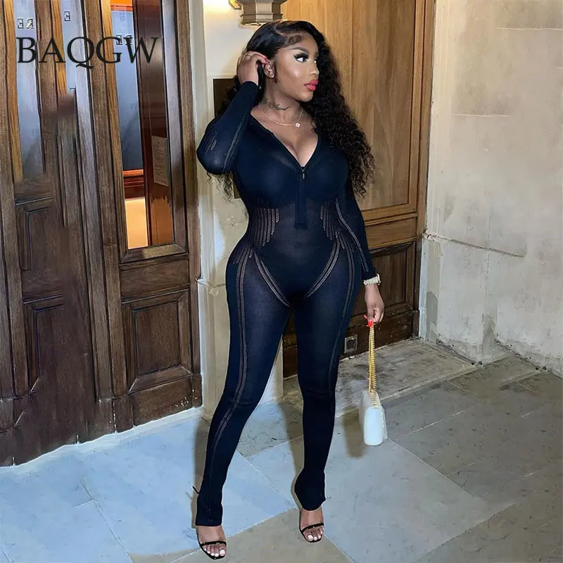

Autum Knitted Long Sleeve Front Zipper Jumpsuit for Women Casual Striped Hollow Out Sexy Skinny Rompers Sweater Winter Overalls