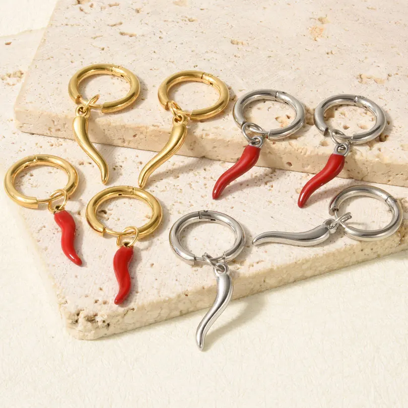 1Pair Stainless Steel korean Girl Red Chili Hot Pepper Fake Piercing Hoop Earrings Lucky Italian Horn Aros Boucle Mujer Jewelry 2