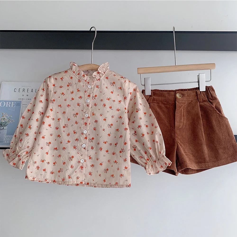 

Autumn Two Piece loungewear Korean Fashion Floral Blouse Corduroy Shorts Long Sleeved Retro Set Clothes Girls From 2 To 8 Years