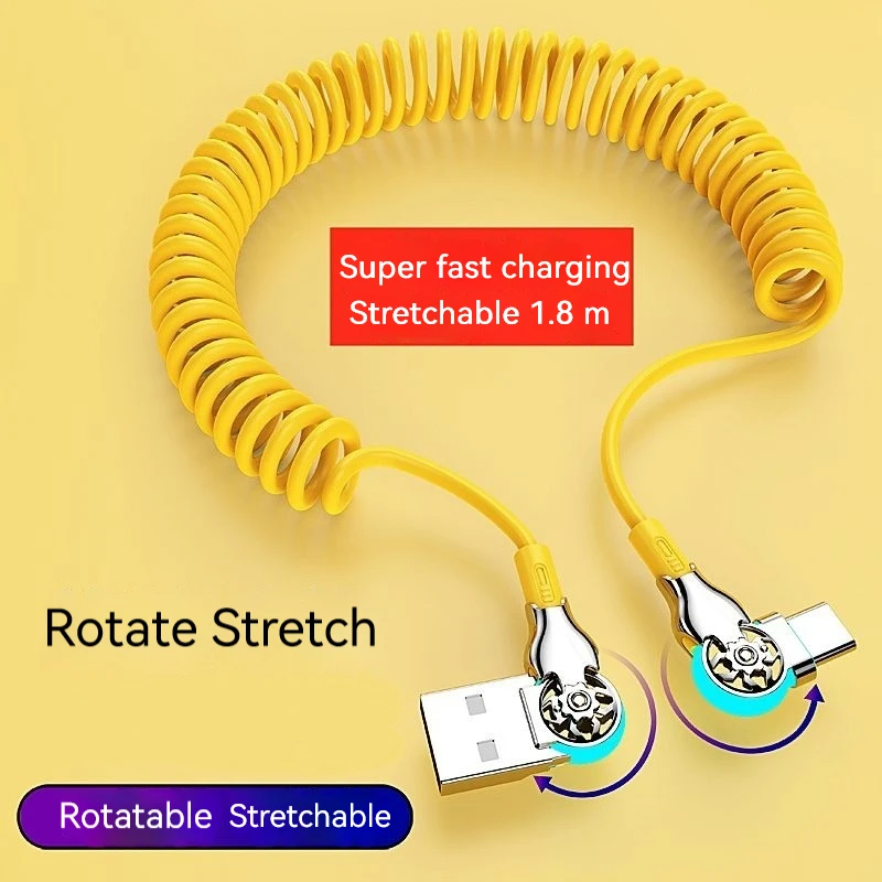 

6A Fast Charging Type C Cable Spring Telescopic Car Phone Charger Micro USB Cable For Huawei P50 Xiaomi Macbook Data Wire Cord
