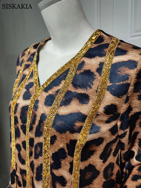 Leopard Print Diamonds Loose Ladies Dress Fashion Muslim Women's Jalabiya Ramadan Arab Hight Quality Feminine Clothes 4