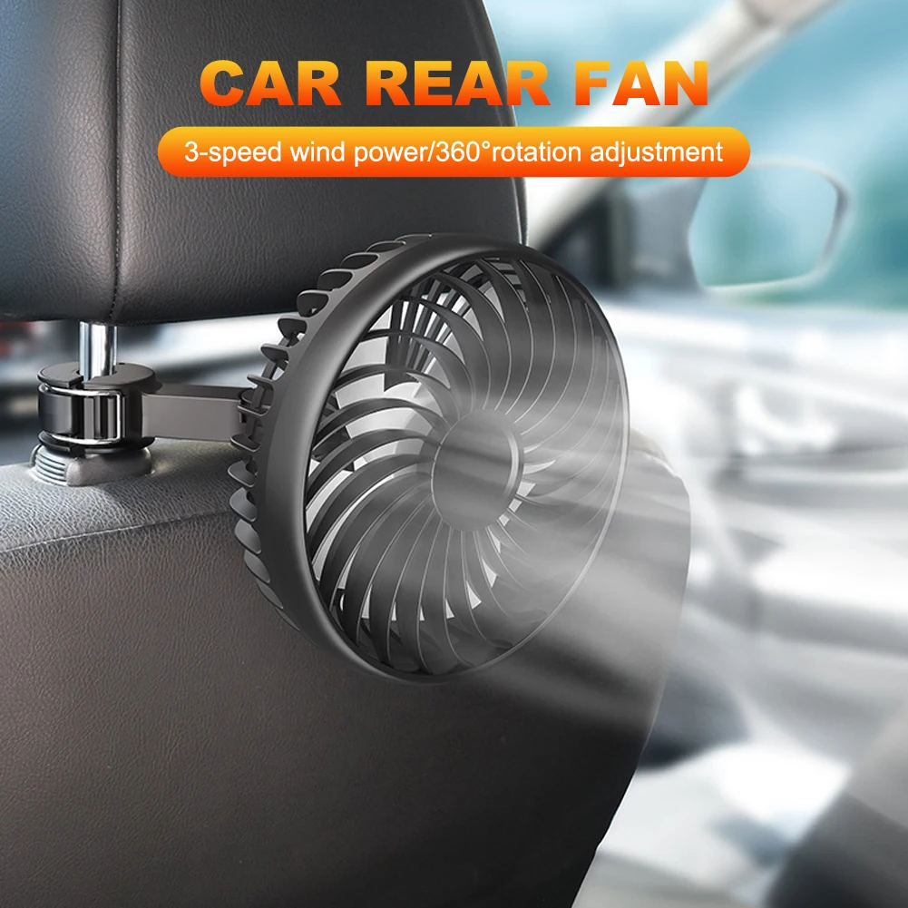 USB Powered Rear Seat Fan 360 Rotatable Car Seat Headrest Fan 3 Speeds Cooling Backseat Fan for Backseat