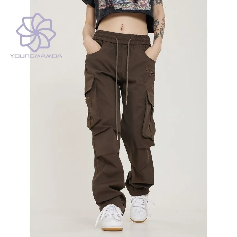 

High Street Vintage Multi Pocket Cargo Pants for Women Ins Trend Loose Straight Leg Hip-hop Casual Pants American Retro