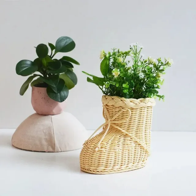 Creative Basket Imitated Rattan Woven Plastic Shoe Shape Storage Home Shop Desktop Decoration Personalized Flower 3