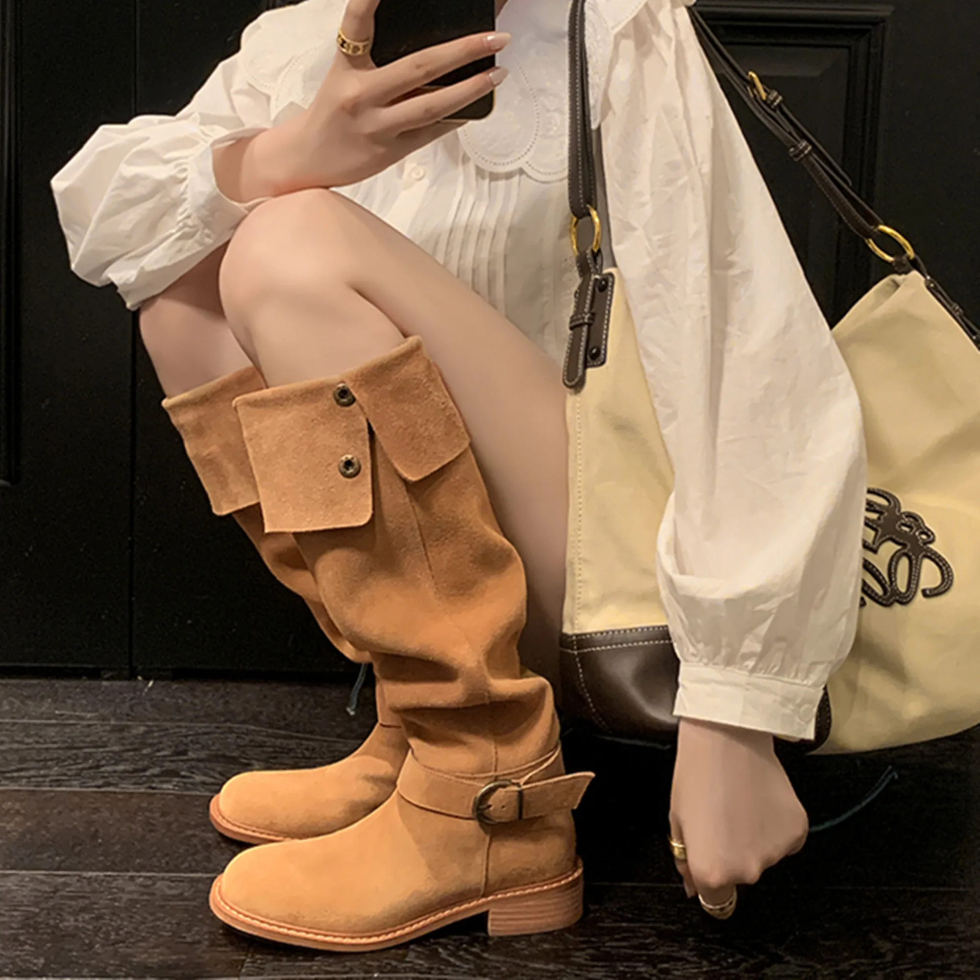 

【ENMAYER】2023 Round Head New Cow Suede Leather Ankle Boots Popular Female Winter Boots Square Med Heels Women's Western Boots