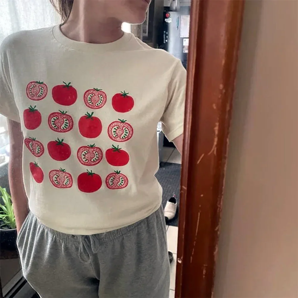 

Funny Tomatoes Printing Female Graphic T-Shirts Short Sleeve Loose Cotton Casual Summer Tops Tee Prairie Chic Aesthetic TShirts