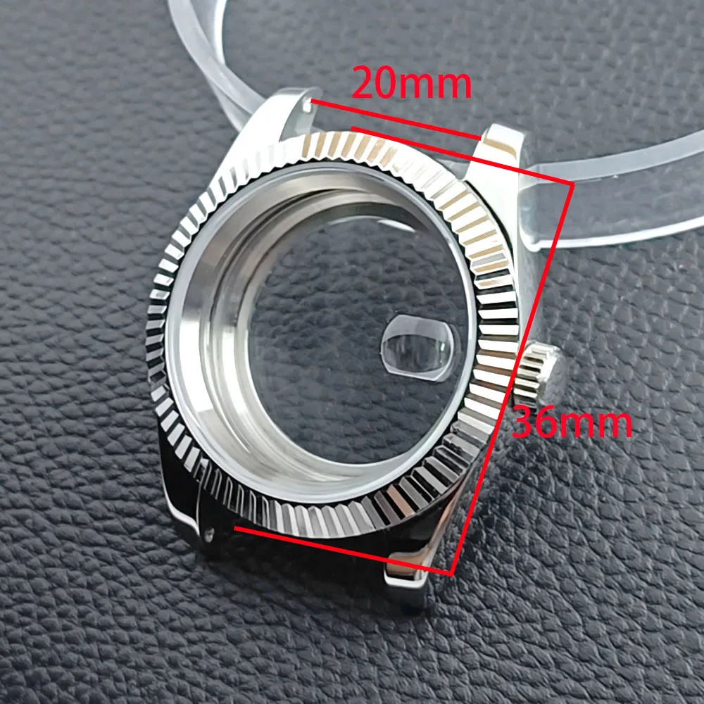 NH35 36mm silvery / black Luxury Men's Steel Case Fit NH35 NH36 Movement Case Sapphire Crystal Glass Case 20mm Strap Watch Box