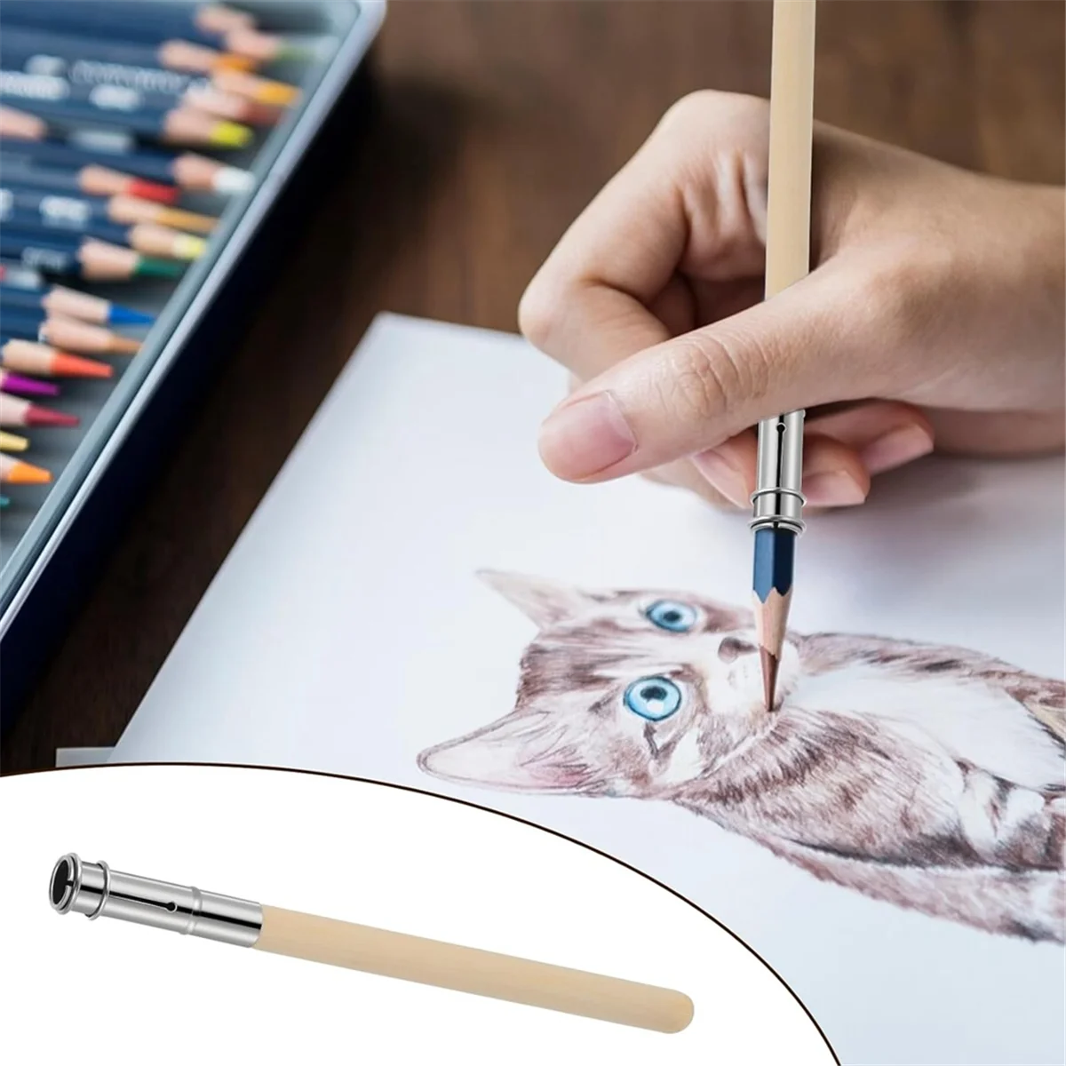 12 PCS Wooden Pencil Pencil Extenders for Artists with Adjustable Metal Handle Lengthener Pull Charcoal Holder