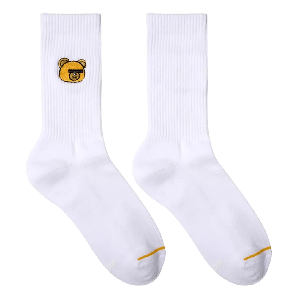 Black White Sports Fitness Embroidered Bear Cotton Socks Towel Sole Breathable Wicking Cotton Socks