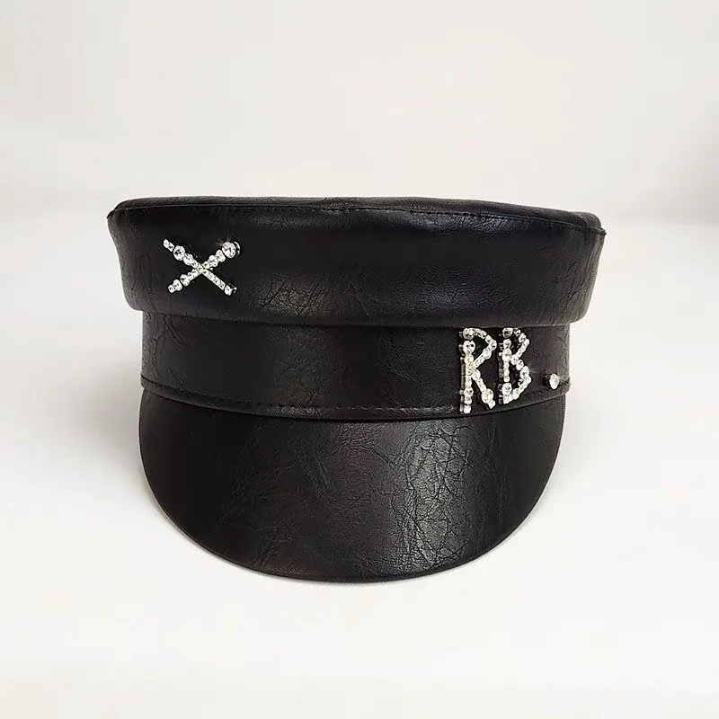 PU Leather Diamond RB Letter Newsboy Caps Women Flat Military Hat Lady Beret Gorras Mujer Streetwear women hats,women military hat
