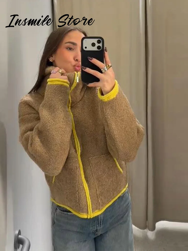 معاطف صوف متباينة على الموضة للنساء بياقة واقفة وج...